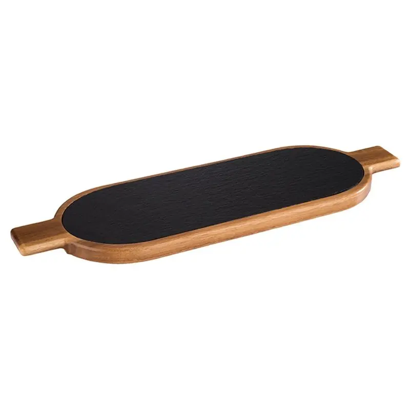Super-Preis Servierbrett aus Holz mit Griffen, 2-teilig mit Schieferplatte, 40 x 15 cm, H: 2 cm, Griffe: 5 cm