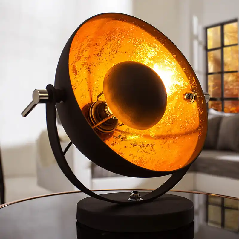 Außergewöhnliche Tischlampe Retro rund Schwarz Gold Abverkauf