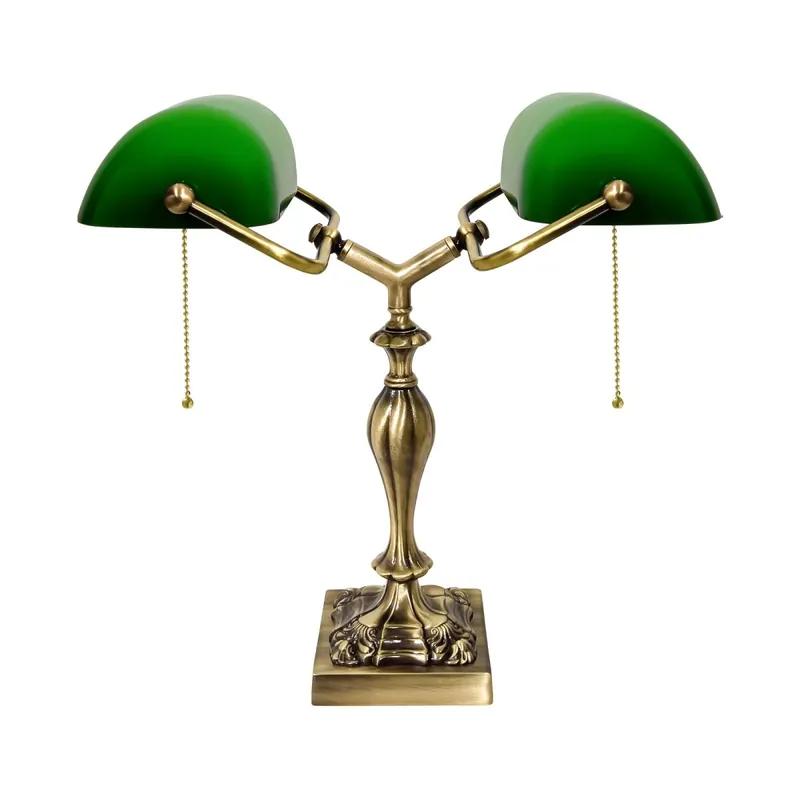 Bankerlampe 42,5 cm 2-flammig E27 Echt-Messing Zugschalter Begrenztes Angebot