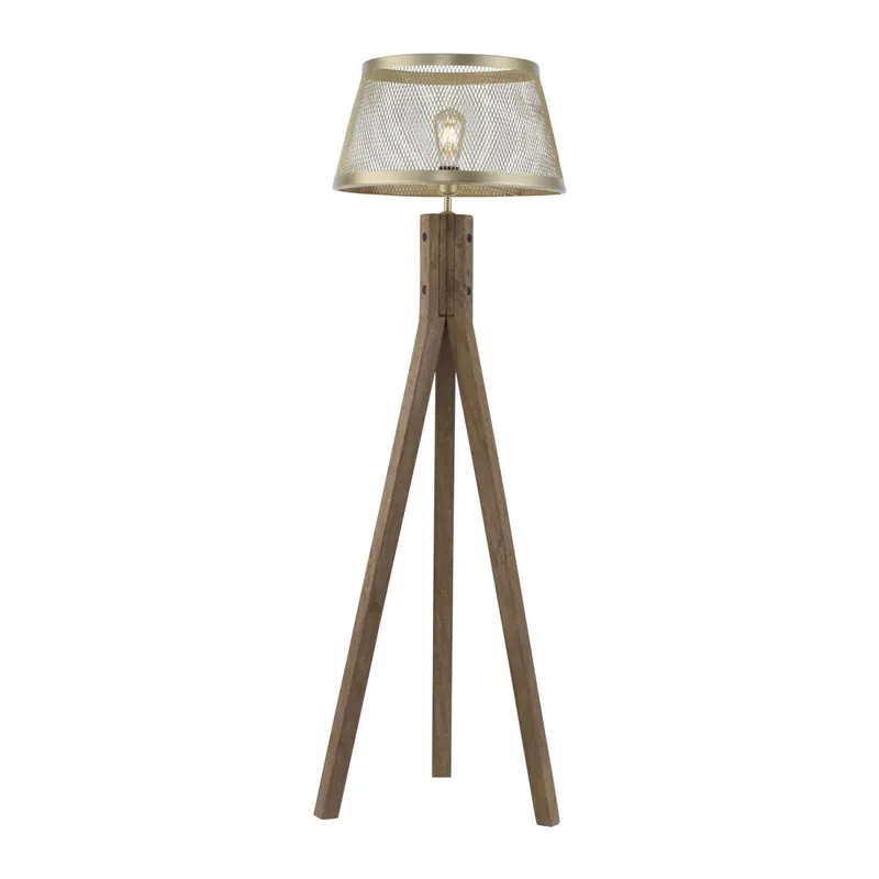 Neuheit Tripod Stehlampe Holz Metall in Messing matt E27 145 cm