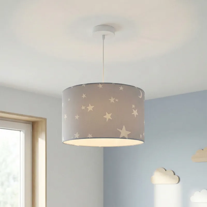 Graue Kinder Pendelleuchte Stars, Stoff Expressversand