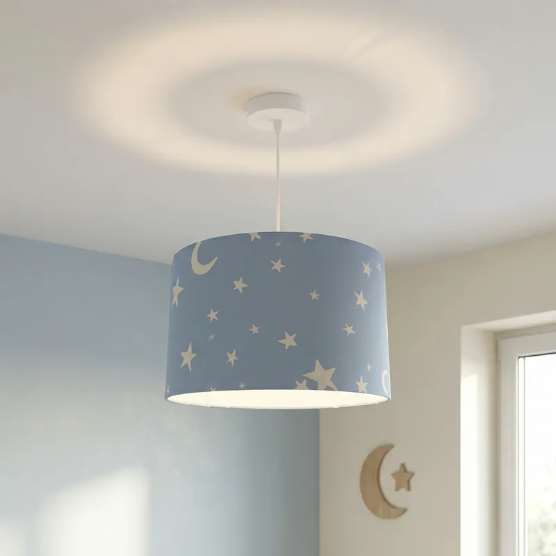 Super-Preis Stoff Kinder Pendelleuchte Blau, Stars