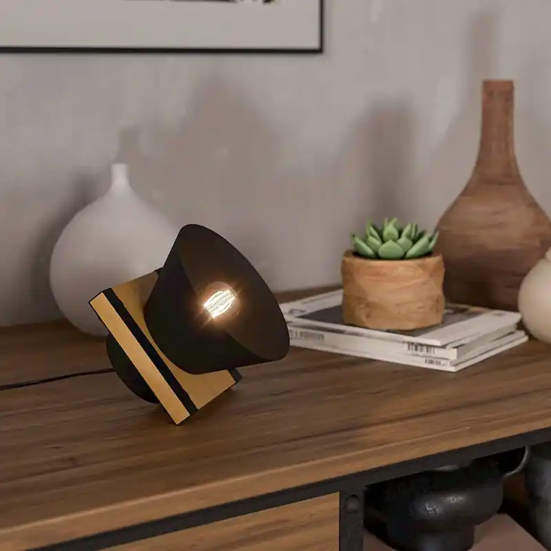 Abverkauf Schwarze retro Tischleuchte Holz, Juanita, mit Schalter