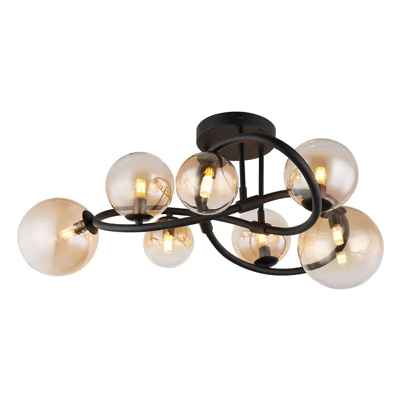 Gedrehte Deckenlampe Schwarz 7 Bernstein-Glas-Kugeln Globo Tuberius Sonderangebot