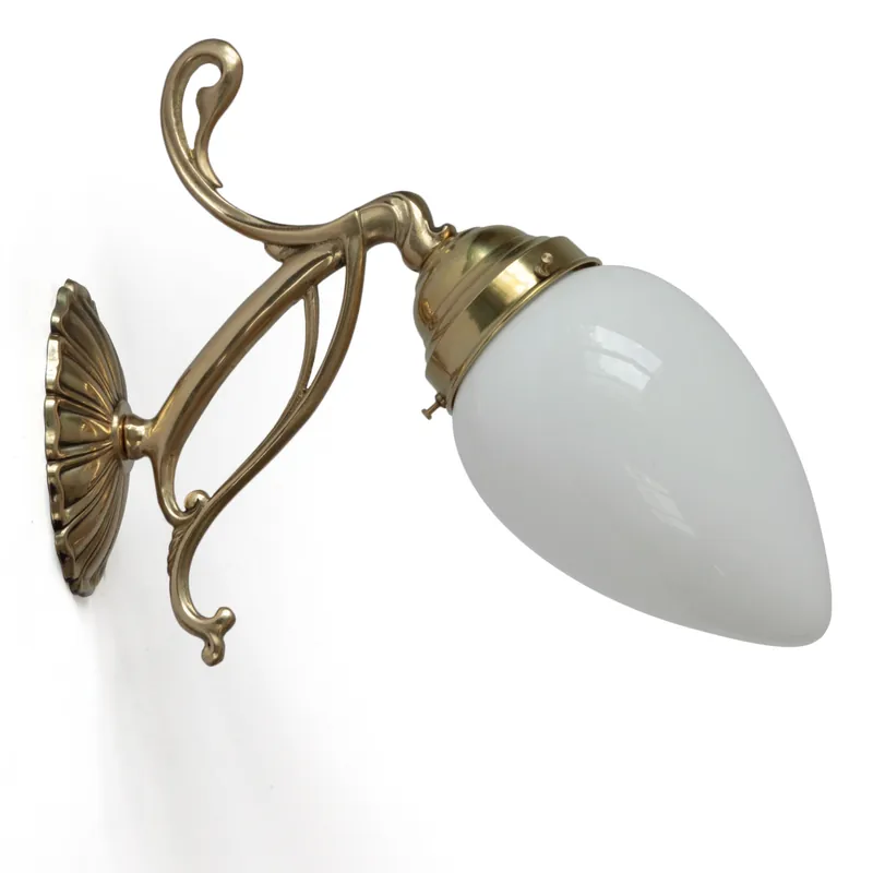 Jugendstil-Wandleuchte mit verziertem Messing-Wandarm und Knospen-Glas Top-Preis