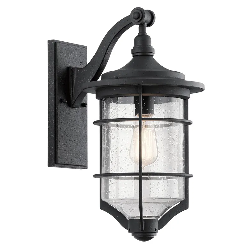 Neue Kollektion Große schwarze Wandlaterne mit Blasenglas und Gitter, 46 cm