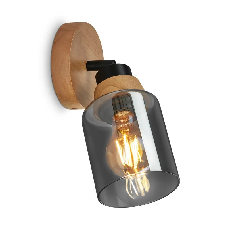 Neu Briloner Hema Wandleuchte, Rauchglas, schwenkbar, 1-flammig, Holzbasis