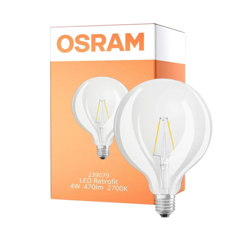 Abverkauf Osram Retrofit Classic LED E27 Globe Fadenlampe Klar 125mm 4W 470lm - 827 Extra Warmweiß | Ersatz für 40W
