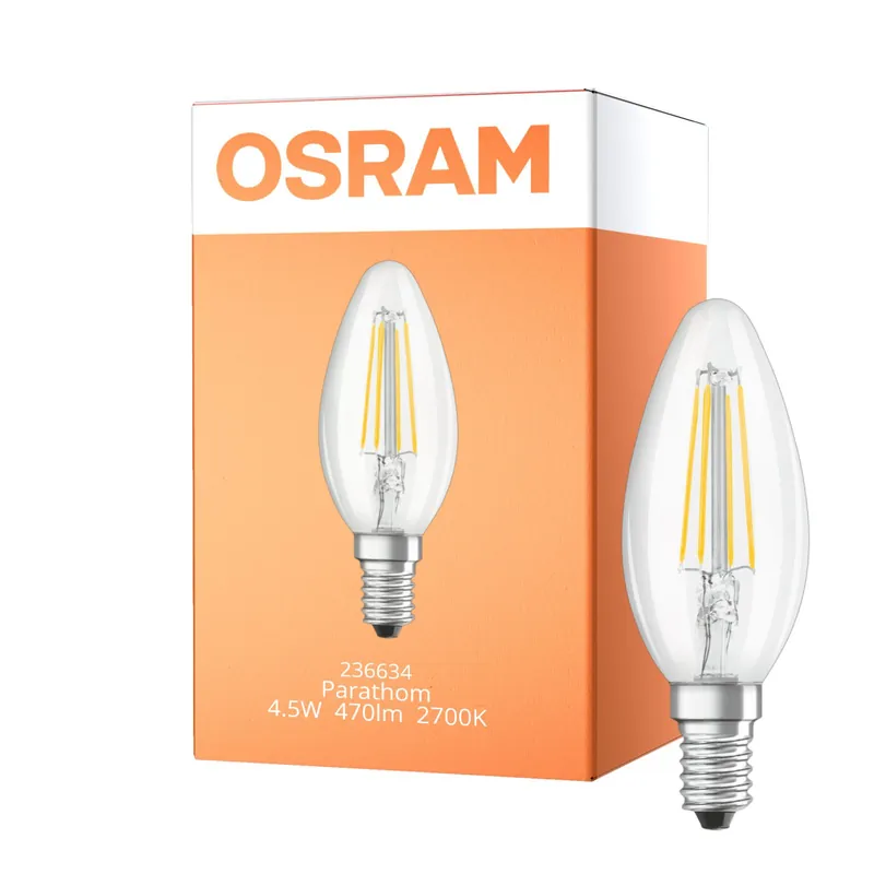 Abverkauf Osram Classic LED E14 Kerze Fadenlampe Klar 4.5W 470lm - 827 Extra Warmweiß | Dimmbar - Ersatz für 40W