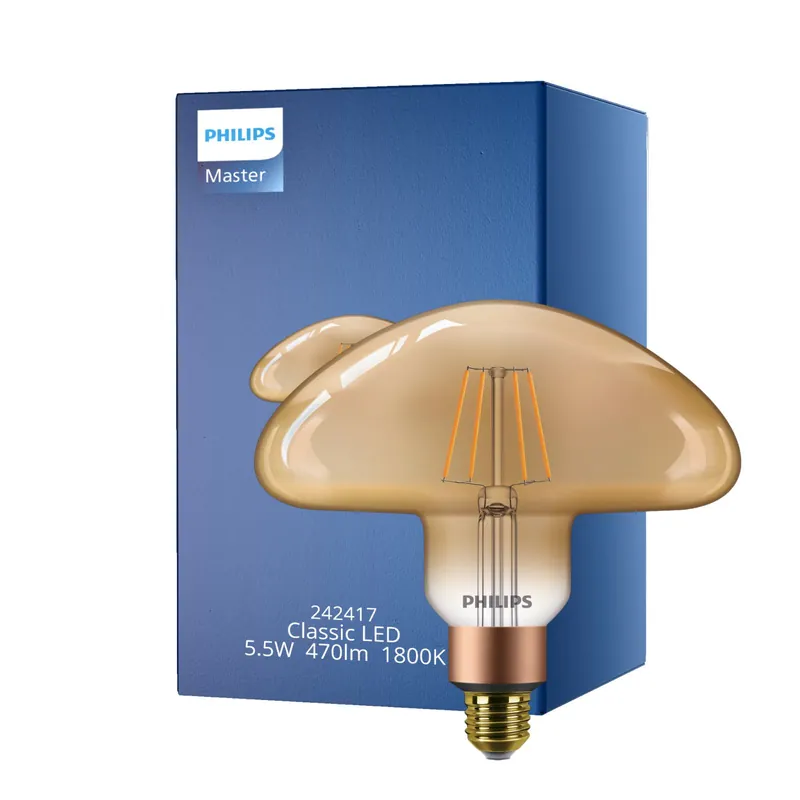 Abverkauf Philips Classic LED E27 Mushroom 200mm Fadenlampe Gold 5.5W 470lm - 818 Extra Warmweiß | Dimmbar - Ersatz für 40W