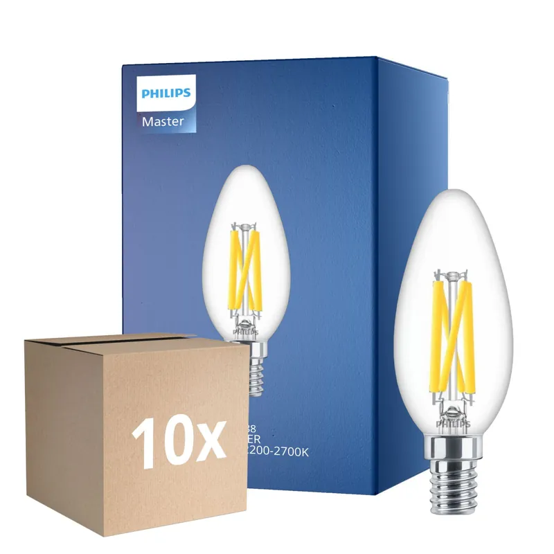 Mehrfachpackung 10x Philips MASTER LED E14 Kerze Fadenlampe Klar 3.4W 470lm - 922-927 Dim To Warm | Höchste Farbwiedergabe - Dimmbar - Ersatz Für 40W Zertifiziert