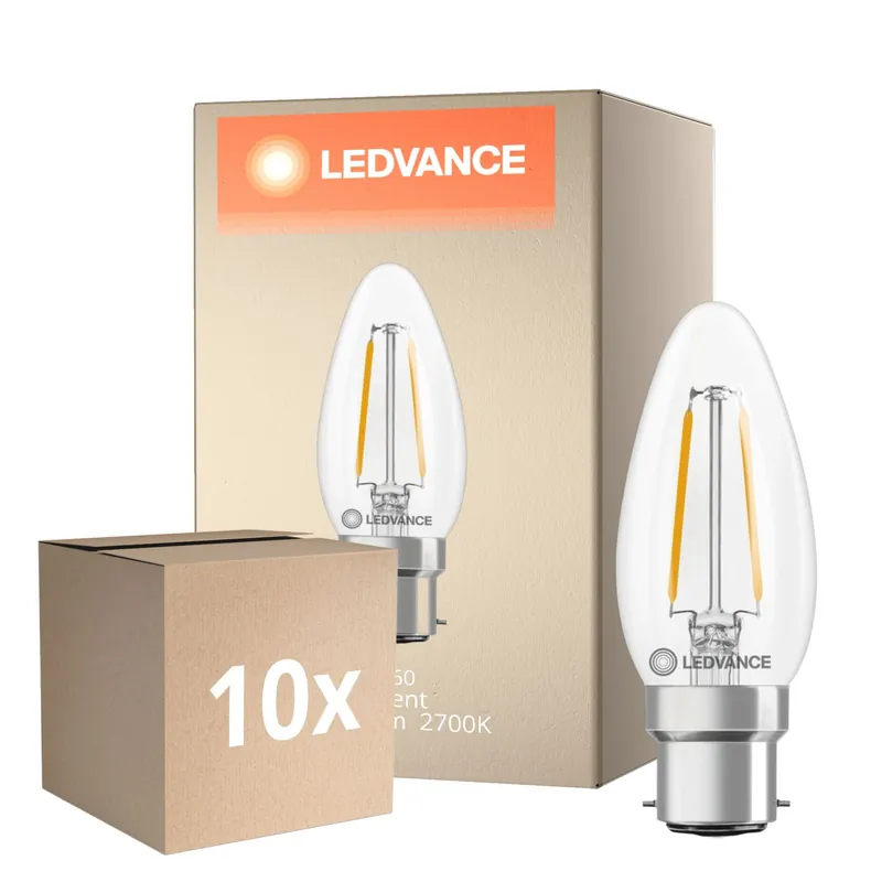 Mehrfachpackung 10x Ledvance Classic LED B22 Kerze Fadenlampe Klar 1.8W 250lm - 827 Extra Warmweiß | Ersatz Für 25W Sichere Zahlung